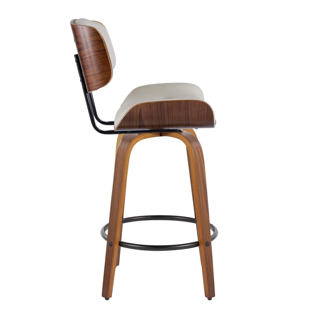 26" Mid-Century Modern Counter Stool with Swivel in Walnut Wood and Cream Faux Leather with Round Black Metal Footrest - Set of 2 W318006