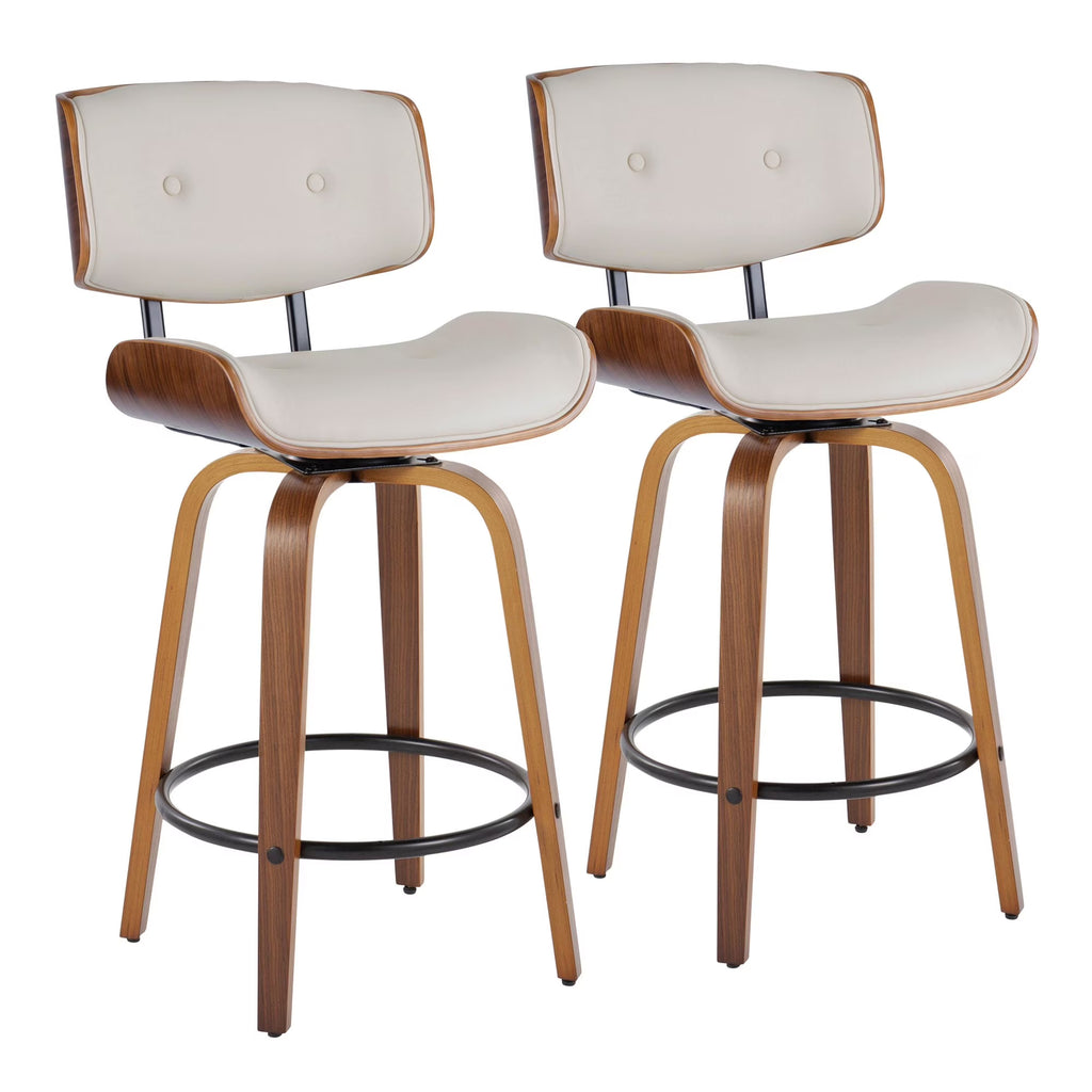 26" Mid-Century Modern Counter Stool with Swivel in Walnut Wood and Cream Faux Leather with Round Black Metal Footrest - Set of 2 W318006
