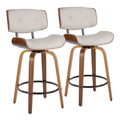 26" Mid-Century Modern Counter Stool with Swivel in Walnut Wood and Cream Faux Leather with Round Black Metal Footrest - Set of 2 W318006