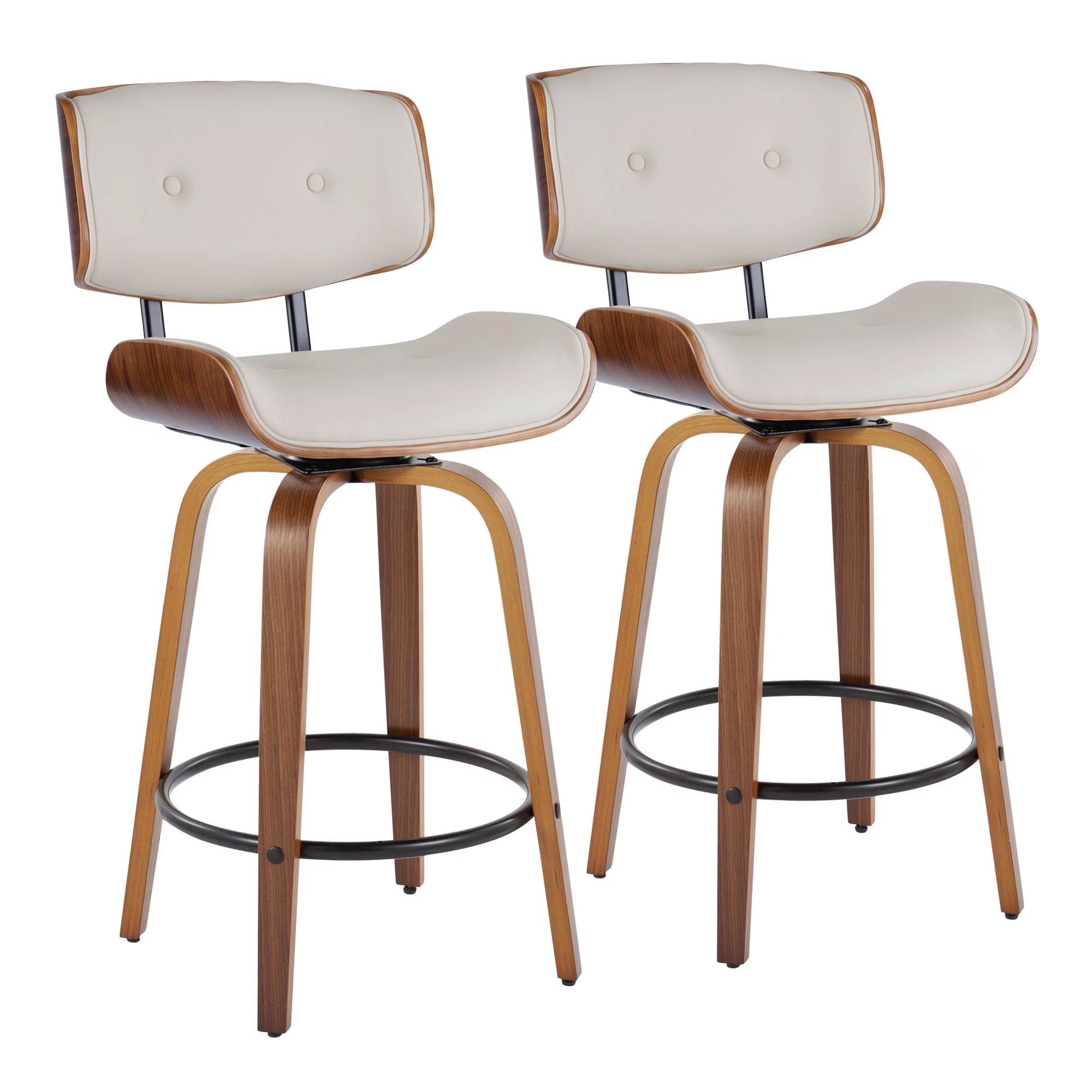 26" Mid-Century Modern Counter Stool with Swivel in Walnut Wood and Cream Faux Leather with Round Black Metal Footrest - Set of 2 W318006
