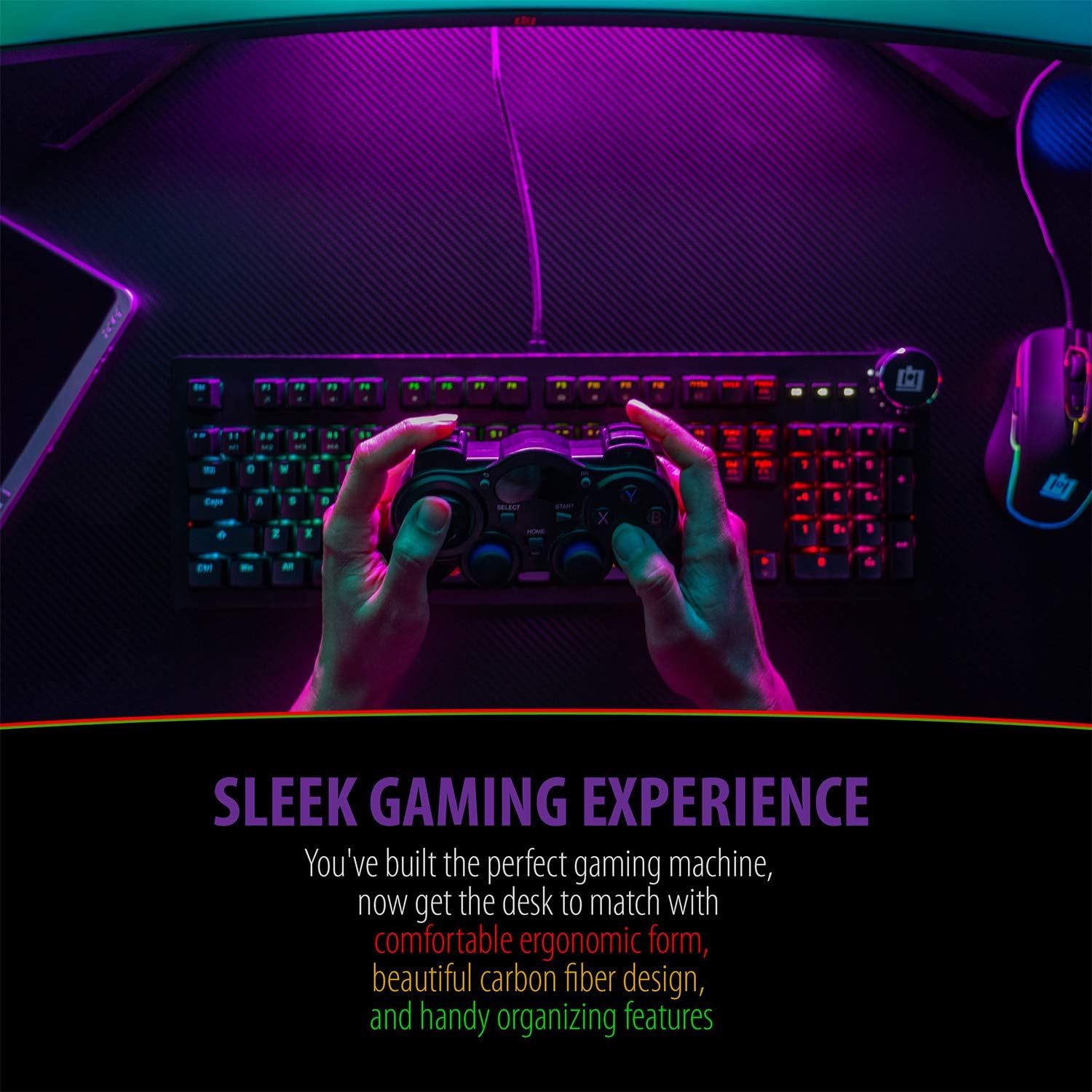 Ultrawide Curved LED Computer Desk, Waterproof Carbon-Fiber Surface, 6-Color RGB Lighting Accents, Cup Holder, 31.5 Mouse Pad E263