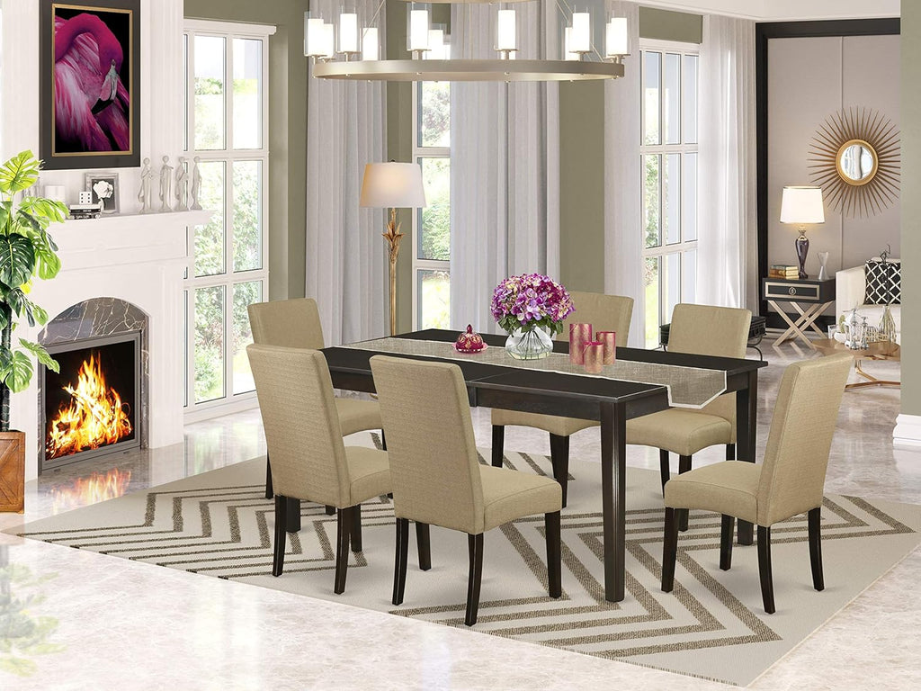 9 Pc Dining Table with Self Storing Butterfly Leaf and 8 Parson Chair with Cappuccino Finish Leg and Linen Fabric V7138