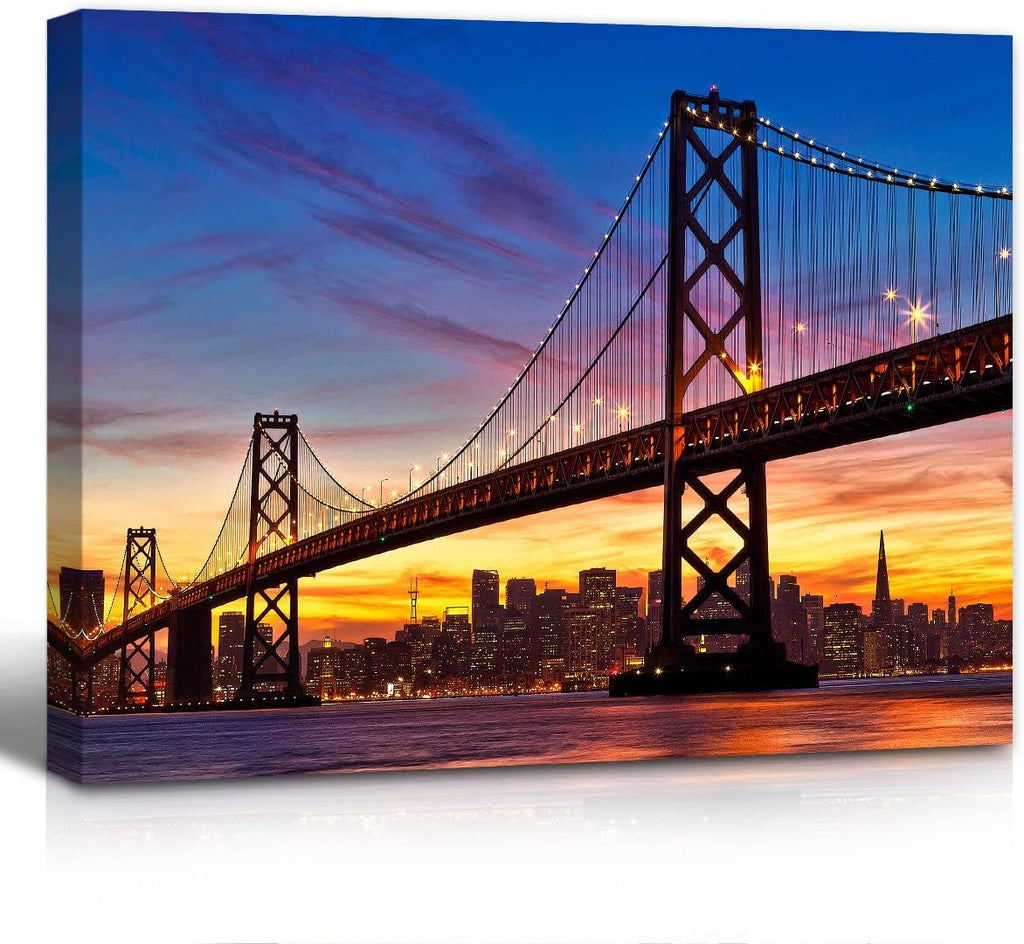 Golden Gate Bridge Canvas Prints Wall Art Sunset City Sea Landscape Poster Paintings, Ready to Hang V26080