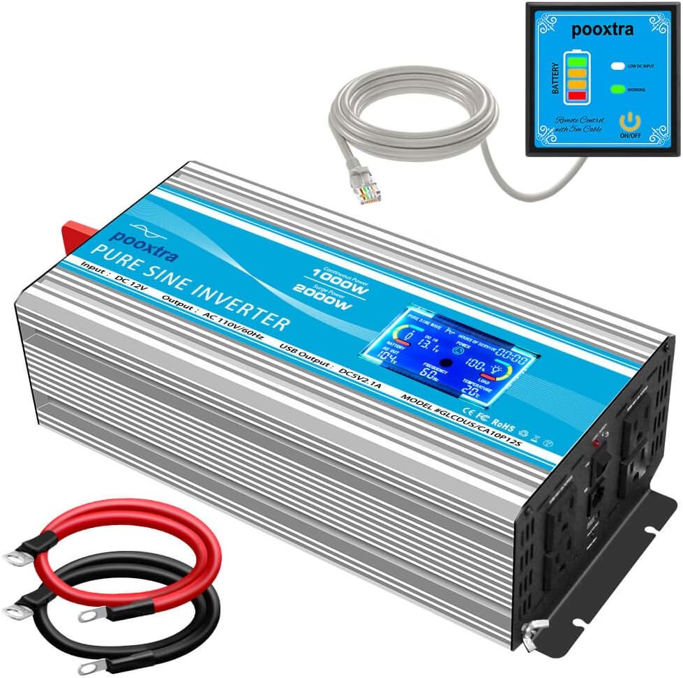 2000 Watt Pure Sine Wave Power Inverter 12V DC to 110V AC with LCD Display USB Port 4 AC Outlets E5884