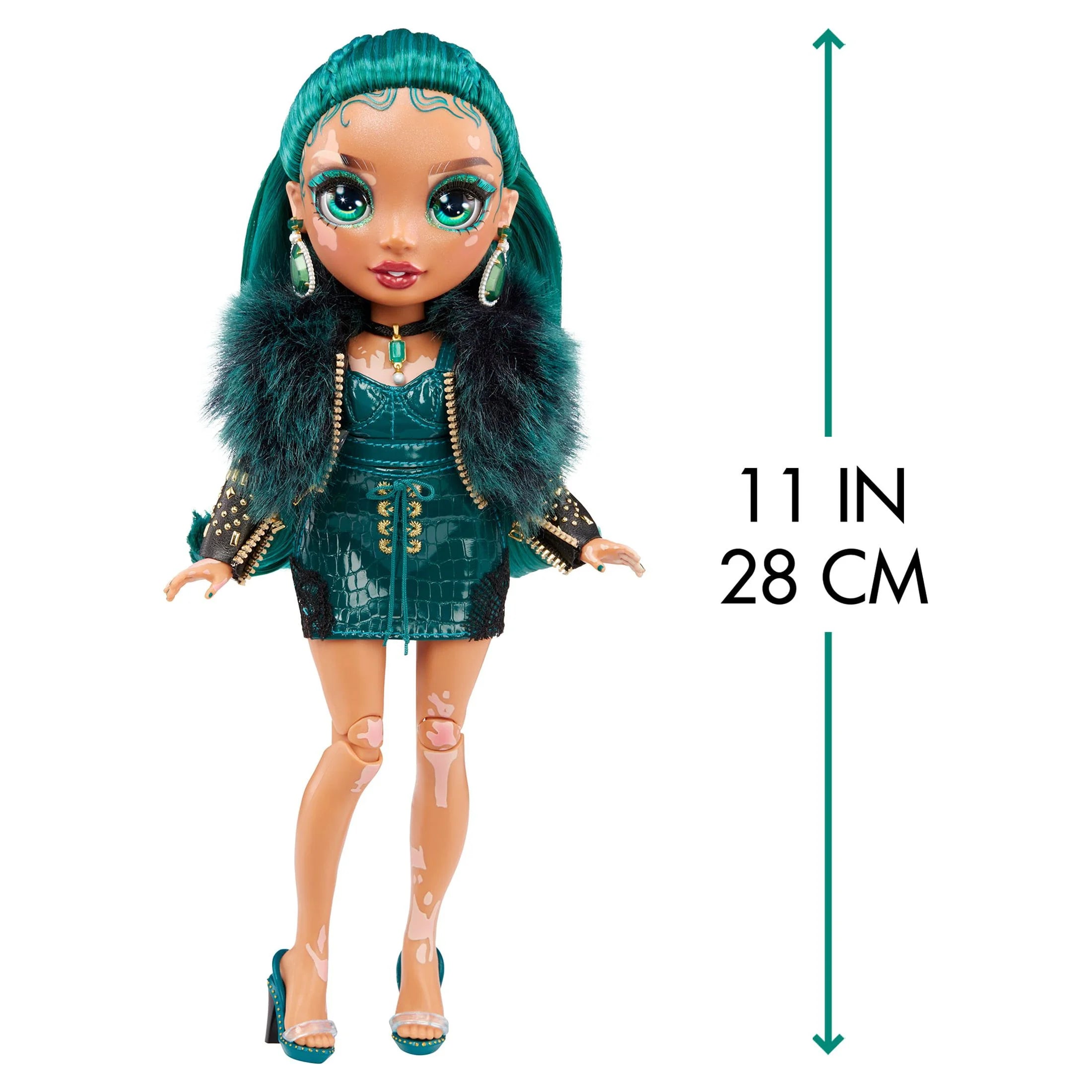 Emerald Green Fashion Doll with Vitiligo, 2 Designer Outfits with Accessories R365189