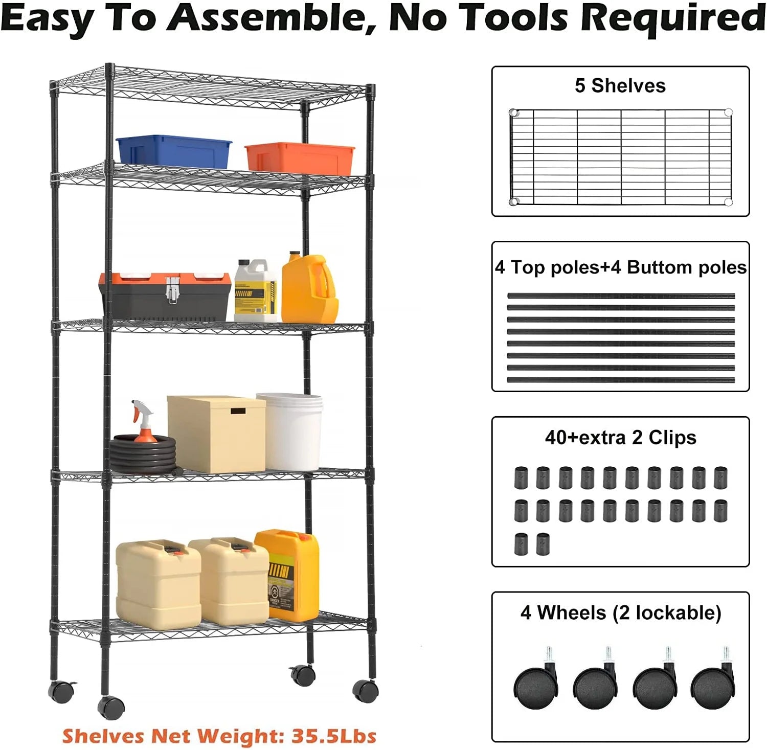 5-Tier Wire Shelving with Wheels, Heavy Duty Rolling Metal Shelves, Black E86655
