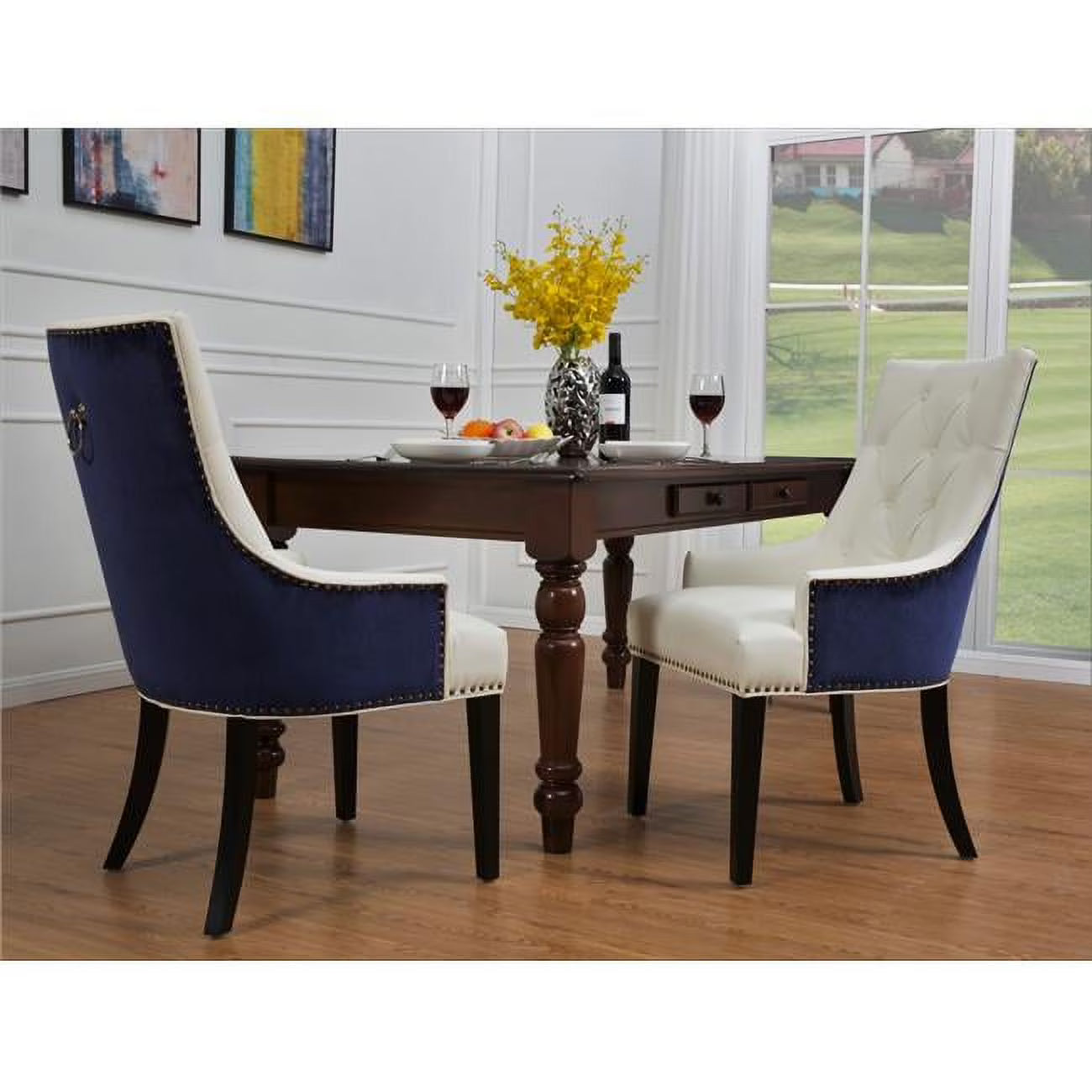Navy & White Dining Side Chair with Button Tufted PU Leather Wooden Legs L659