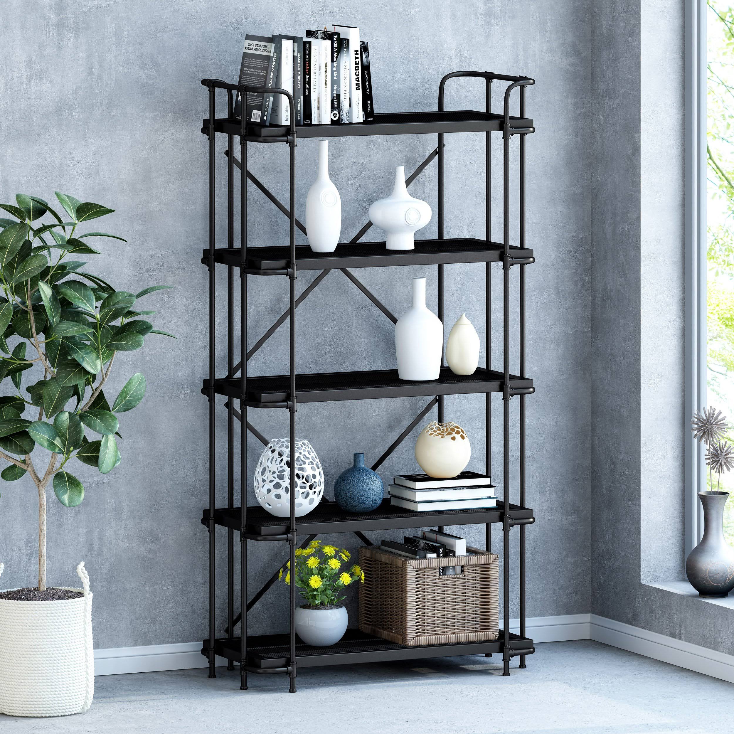 5-Shelf Industrial Metal Pipe Bookcase I3787
