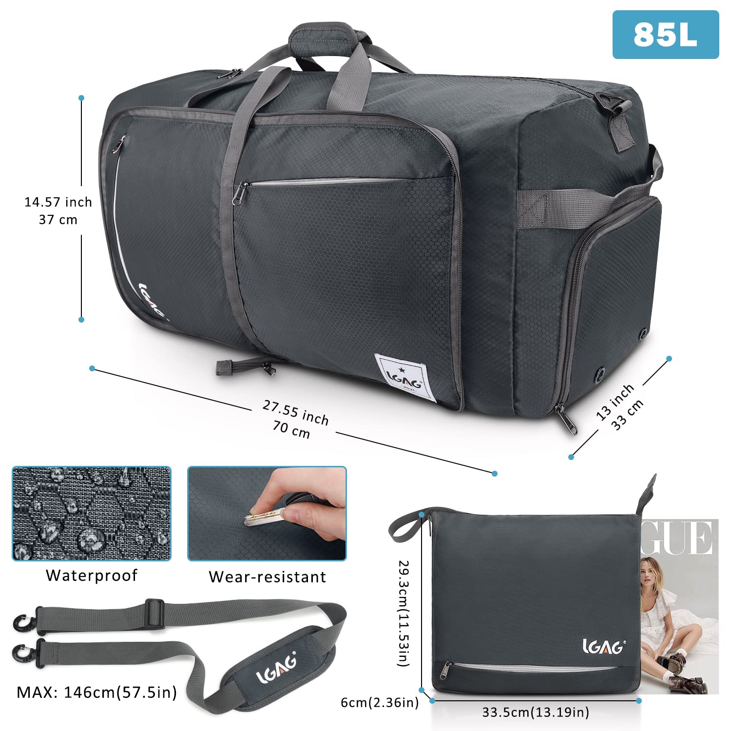 Gray 85L Foldable Waterproof Duffle Bag with Shoe Compartment A723