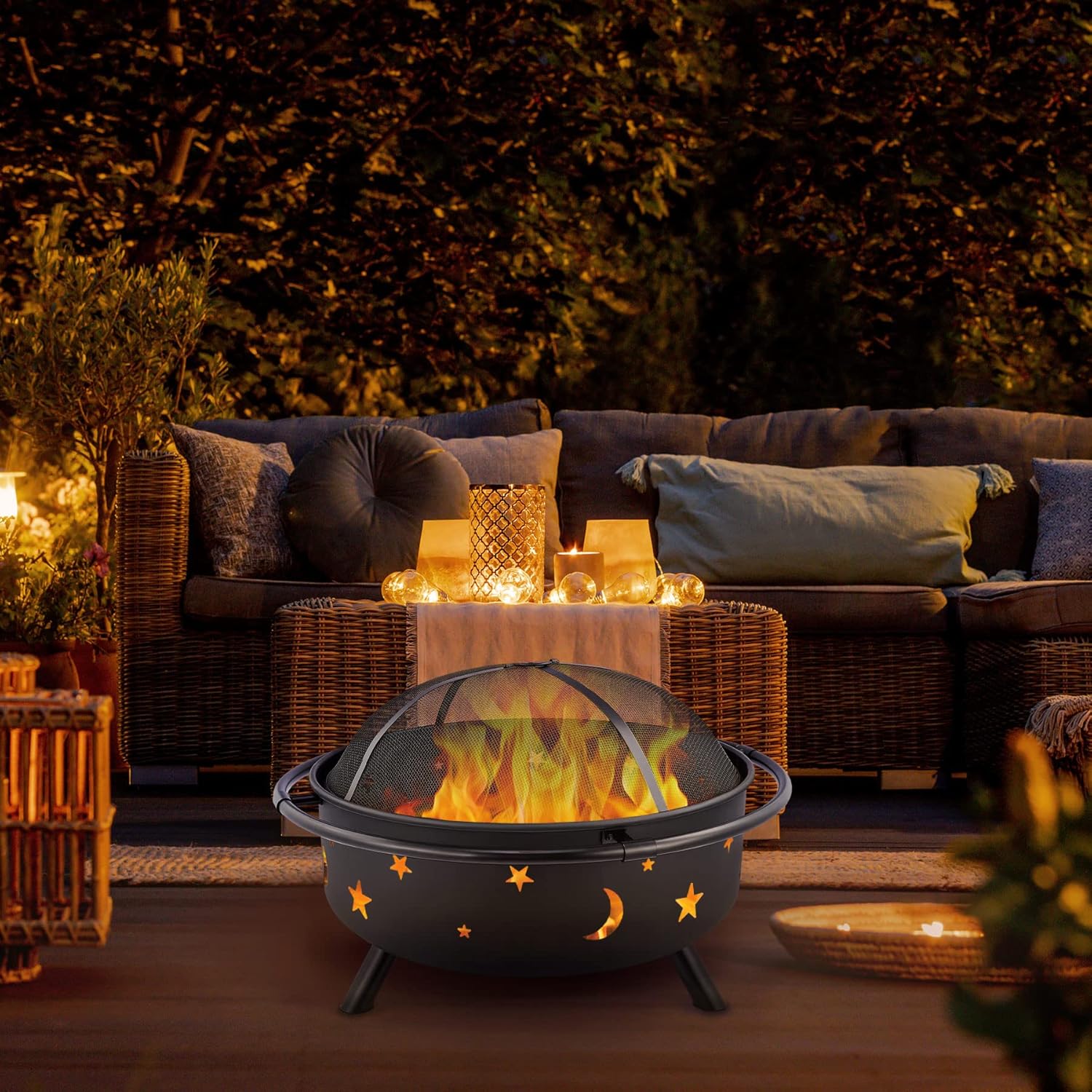 36 Inch Wood Burning Fire Pit with Spark Screen Poker Waterproof Cover Q2333