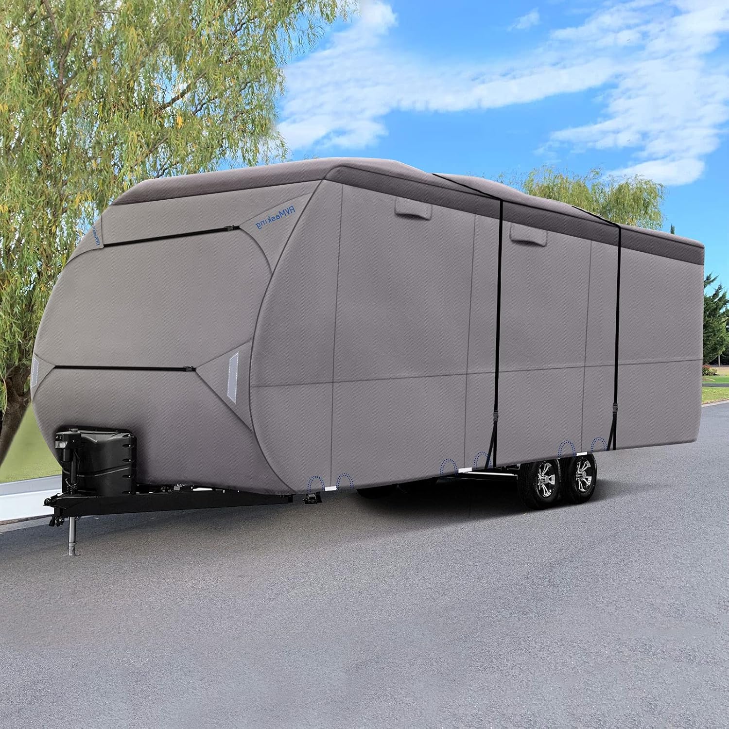 Upgraded Waterproof 500D Travel Trailer Cover with 4 Tire Covers, Tongue Jack Cover J1829