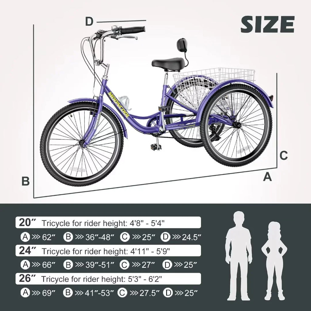 24"/26" Adult Tricycle Bike, 7 Speed 3-Wheel Bicycle, with Backrest & Shopping Basket Q94165