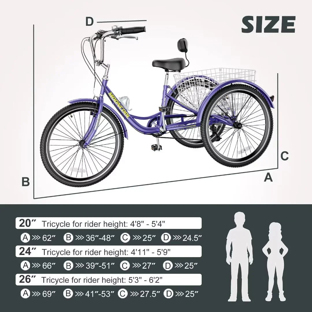 24"/26" Adult Tricycle Bike, 7 Speed 3-Wheel Bicycle, with Backrest & Shopping Basket Q94165