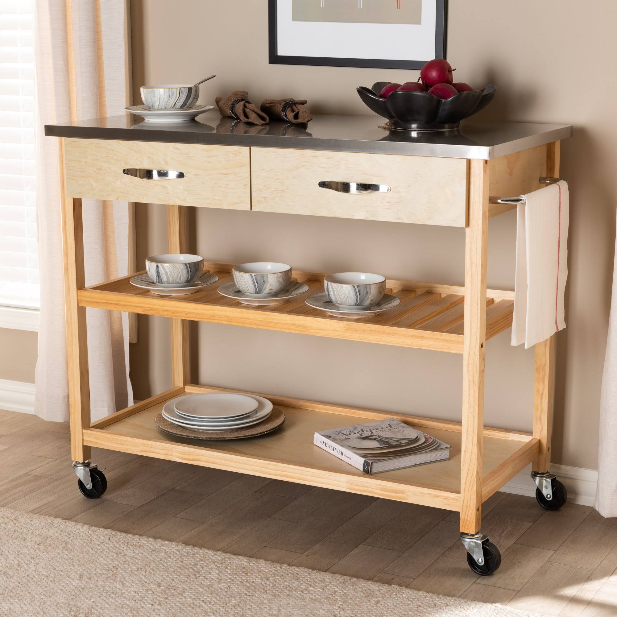 Pine Wood and Stainless Steel 2-Drawer Kitchen Island Utility Storage Cart Q111