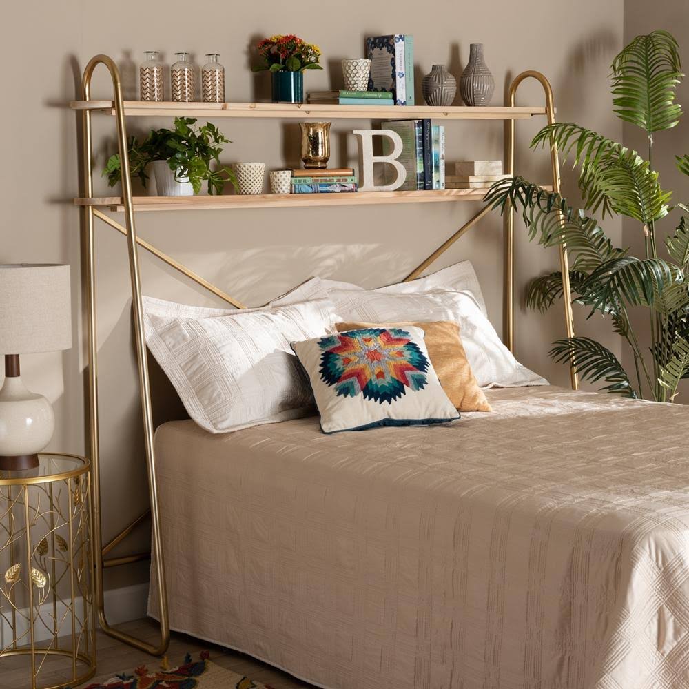 Brushed Gold Finished Metal and Natural Brown Finished Wood 2-Tier Over Bed Twin Size Storage Y70665