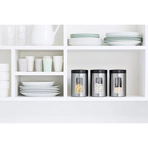 3-Piece Window Canister Set, 1.4-Liter, Matte Steel with Black Lid I85815