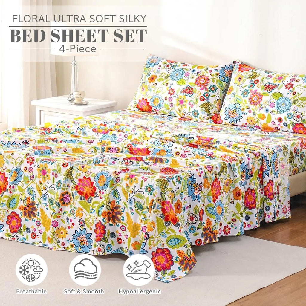 Pink Floral 4 Piece California King Microfiber Sheet Set V369011
