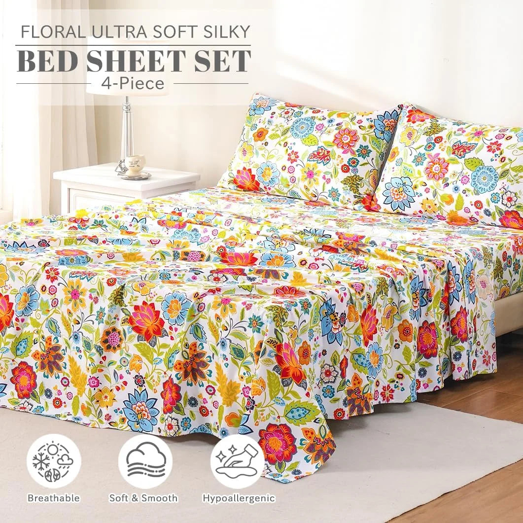 Pink Floral 4 Piece California King Microfiber Sheet Set V369011