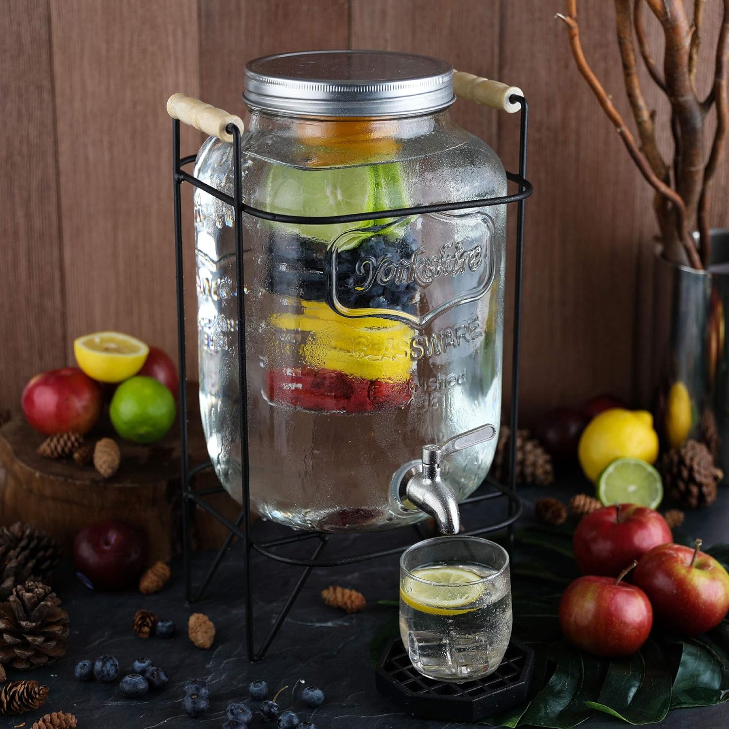 2 Gallon Glass Beverage Dispenser with Metal Wire Stand, Stainless Steel Spigot, Pack of 2 D572062