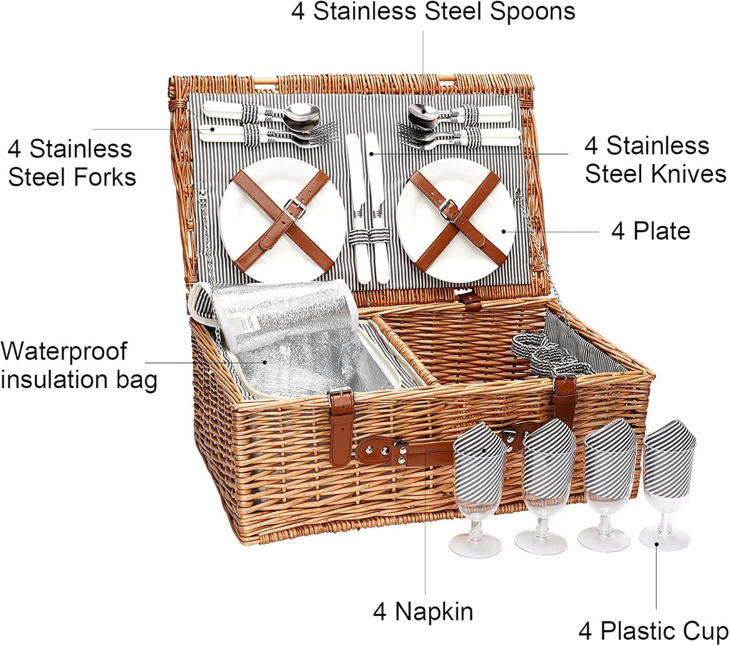 Large Willow Wicker Picnic Basket Set with Insulated Compartment X735