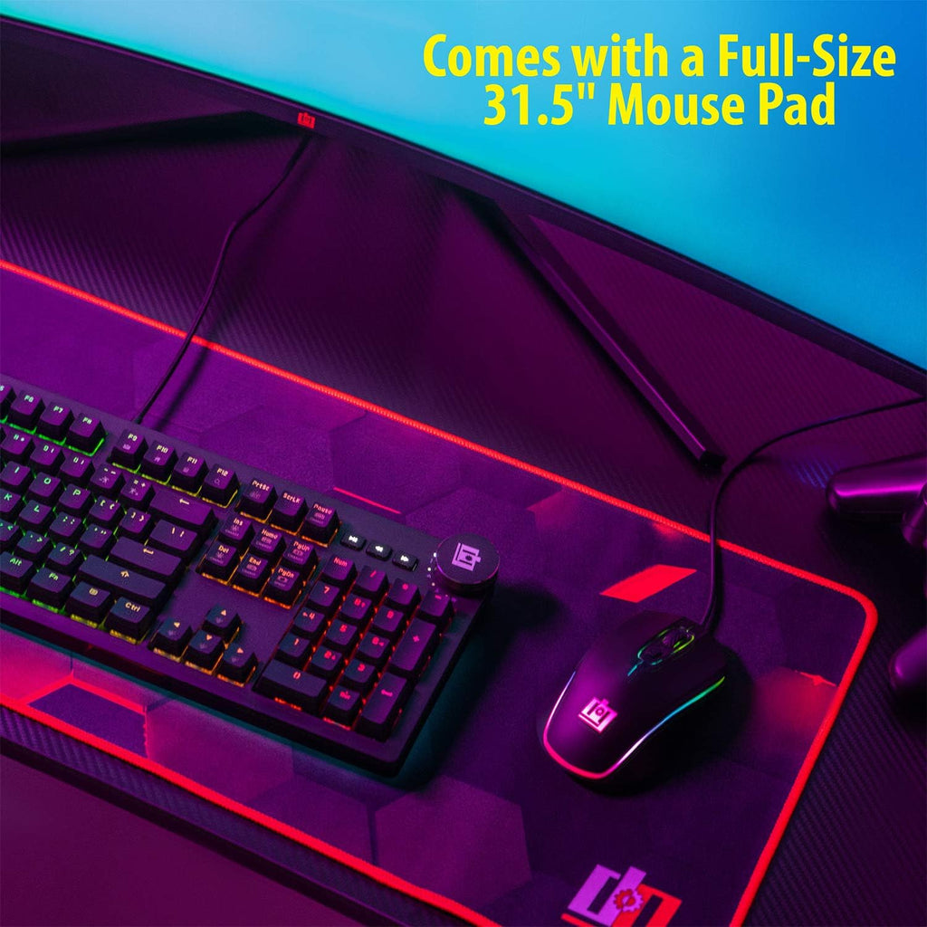 Ultrawide Curved LED Computer Desk, Waterproof Carbon-Fiber Surface, 6-Color RGB Lighting Accents, Cup Holder, 31.5 Mouse Pad E263