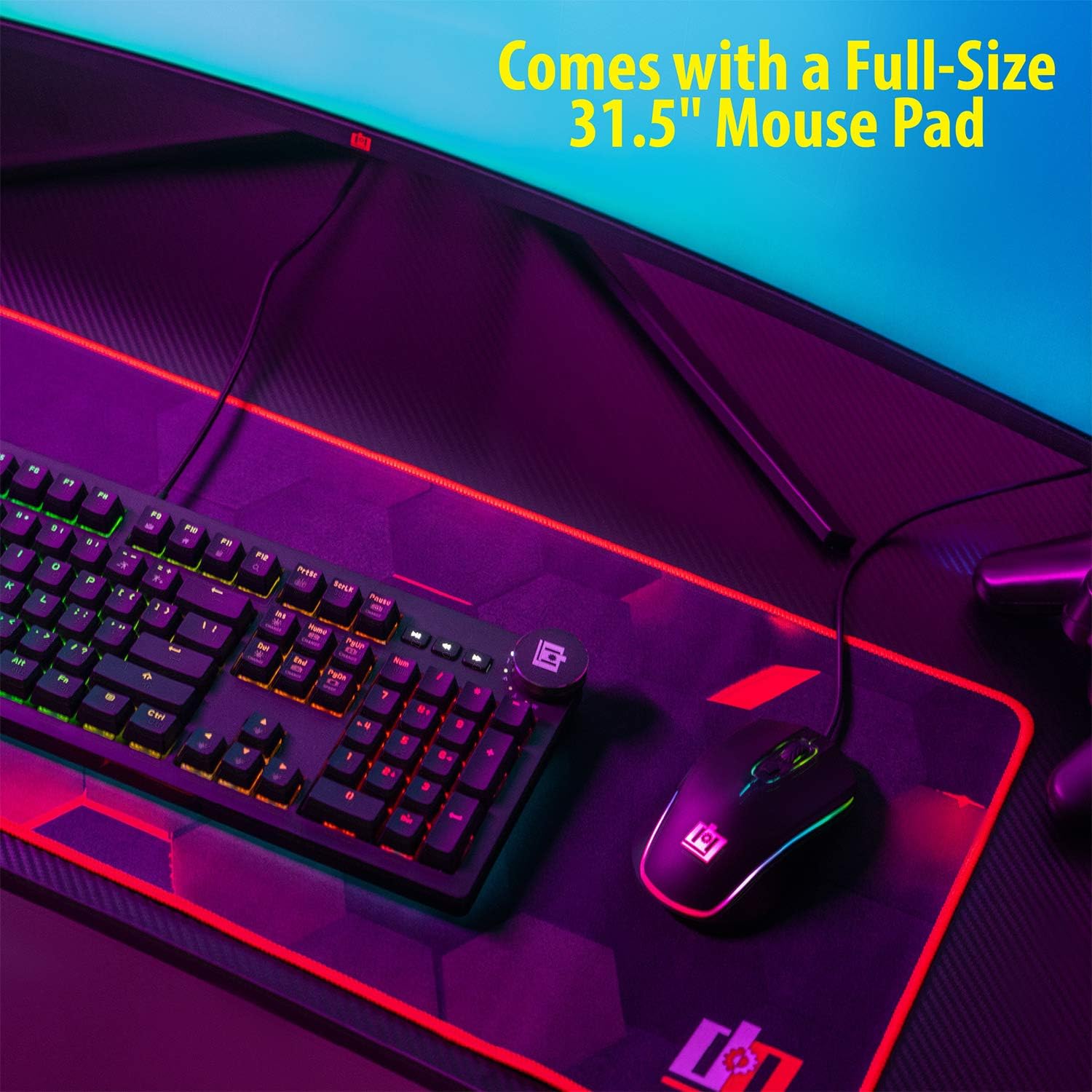 Ultrawide Curved LED Computer Desk, Waterproof Carbon-Fiber Surface, 6-Color RGB Lighting Accents, Cup Holder, 31.5 Mouse Pad E263