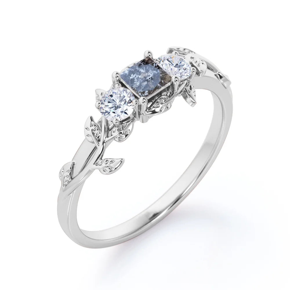 Three Stone Engagement Ring with Princess Cut Salt and Pepper Diamond and Moissanite F981468