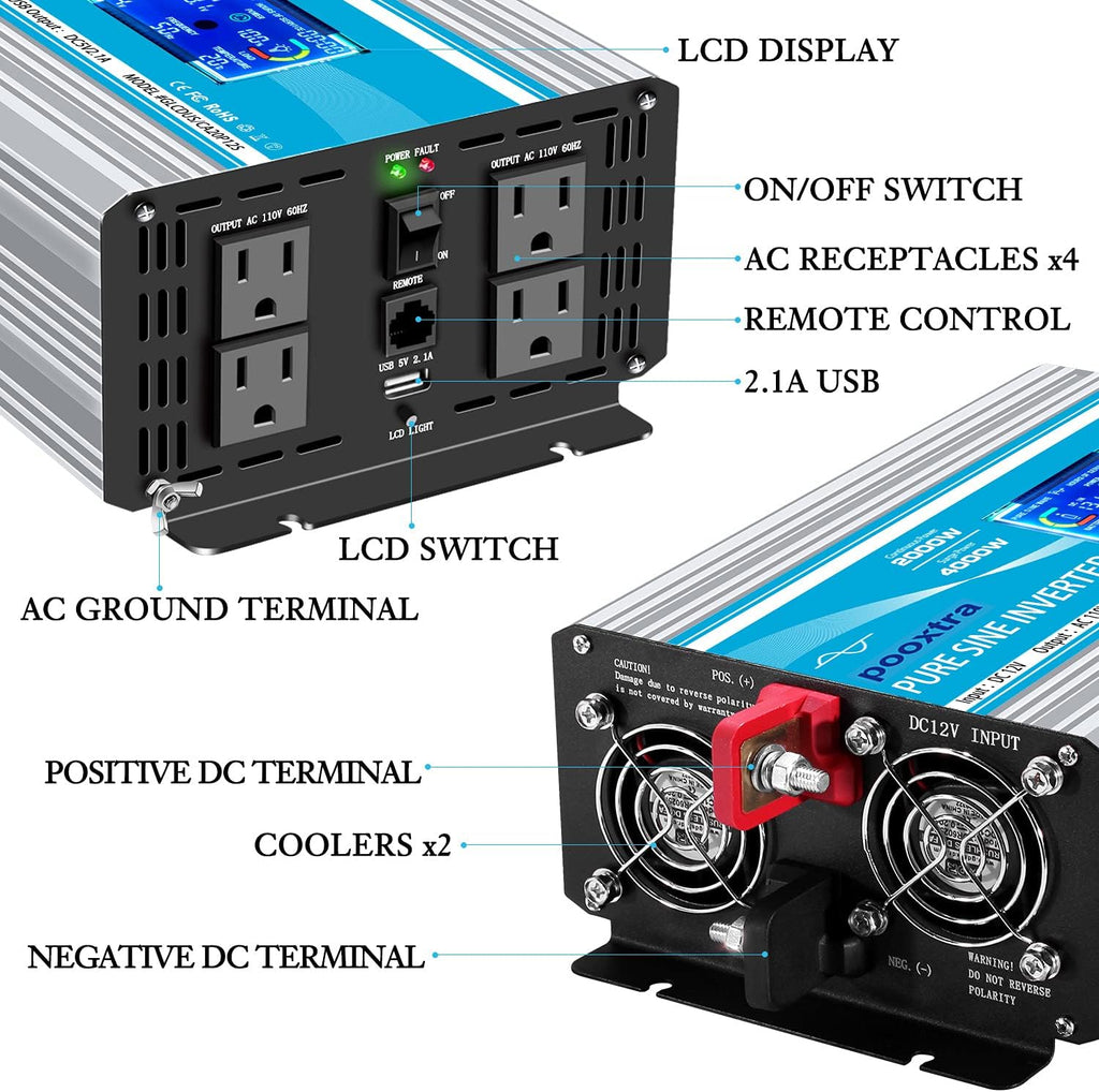 2000 Watt Pure Sine Wave Power Inverter 12V DC to 110V AC with LCD Display USB Port 4 AC Outlets E5884