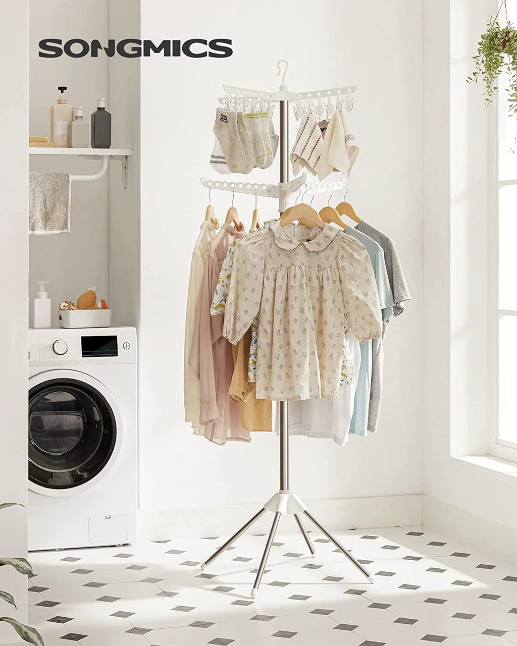 2-Tier Foldable Laundry Drying Rack with 27 Clips Stainless Steel White and Silver N454146