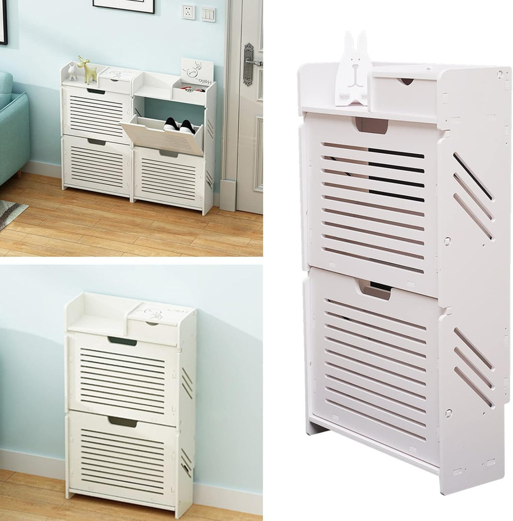 White 2 Tier Narrow Shoe Cabinet I588737