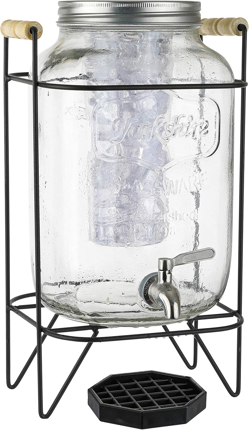 2 Gallon Glass Beverage Dispenser with Metal Wire Stand, Stainless Steel Spigot, Pack of 2 D572062