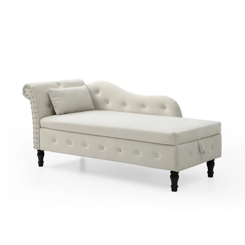 Beige Velvet Storage Chaise Lounge with 1 Pillow U8253