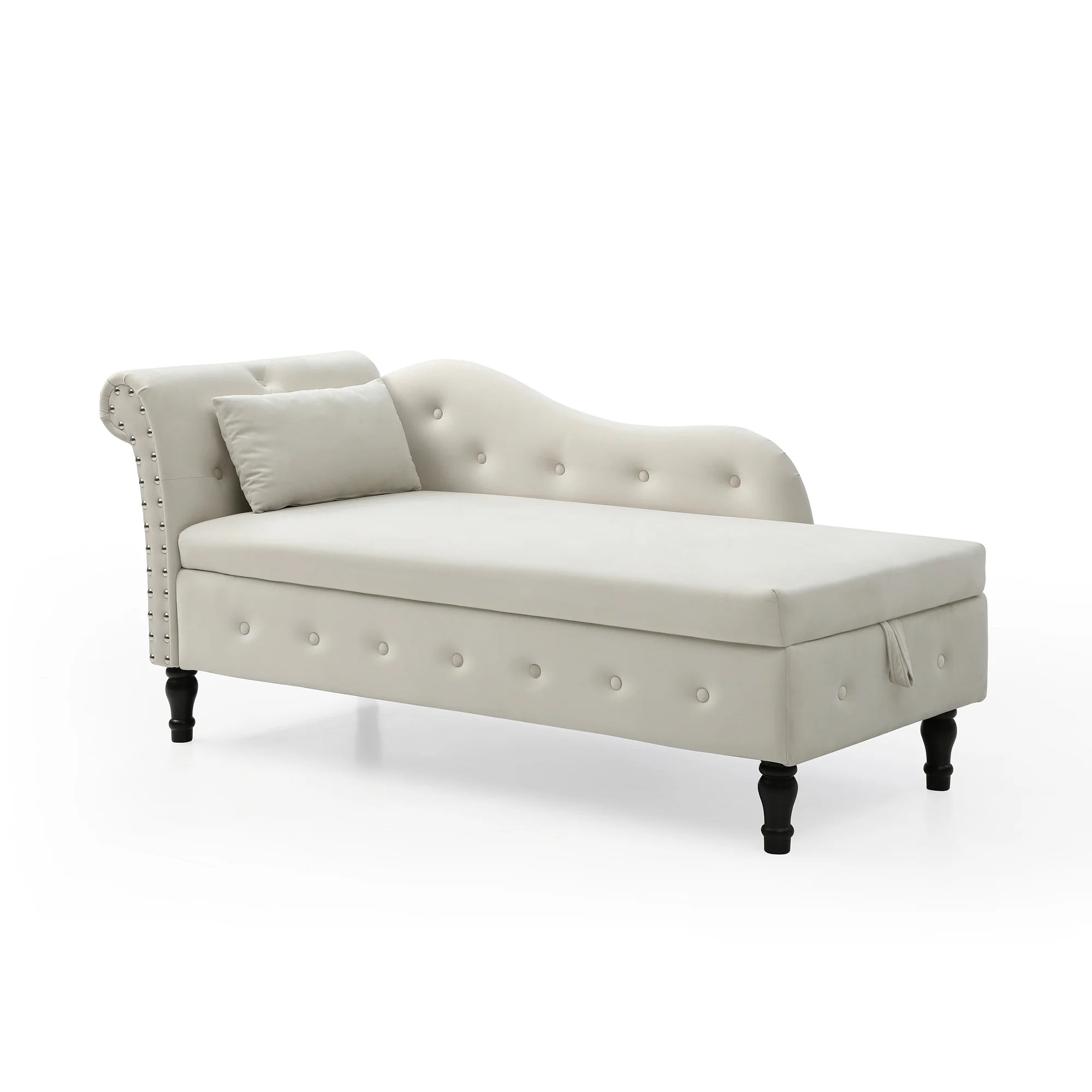 Beige Velvet Storage Chaise Lounge with 1 Pillow U8253