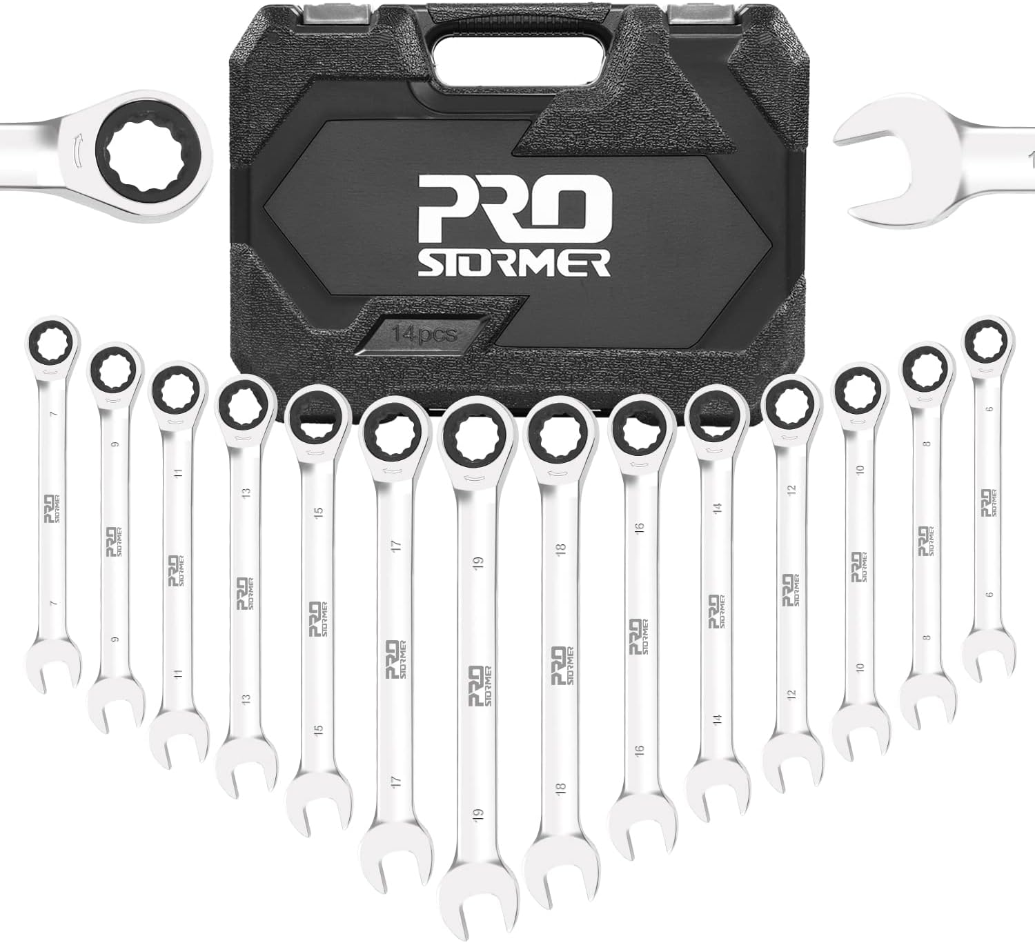 14-Piece Ratcheting Wrench Set Metric Chrome Vanadium Steel Combination Ended Spanner Kit with Storage Case S9399