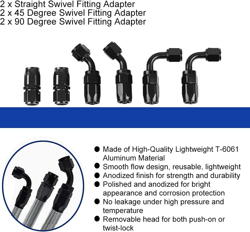 3/8 6AN Fuel Line 10ft High Pressure Nylon Braided Stainless Steel Hose Fitting Kit Pack of 2 V956587
