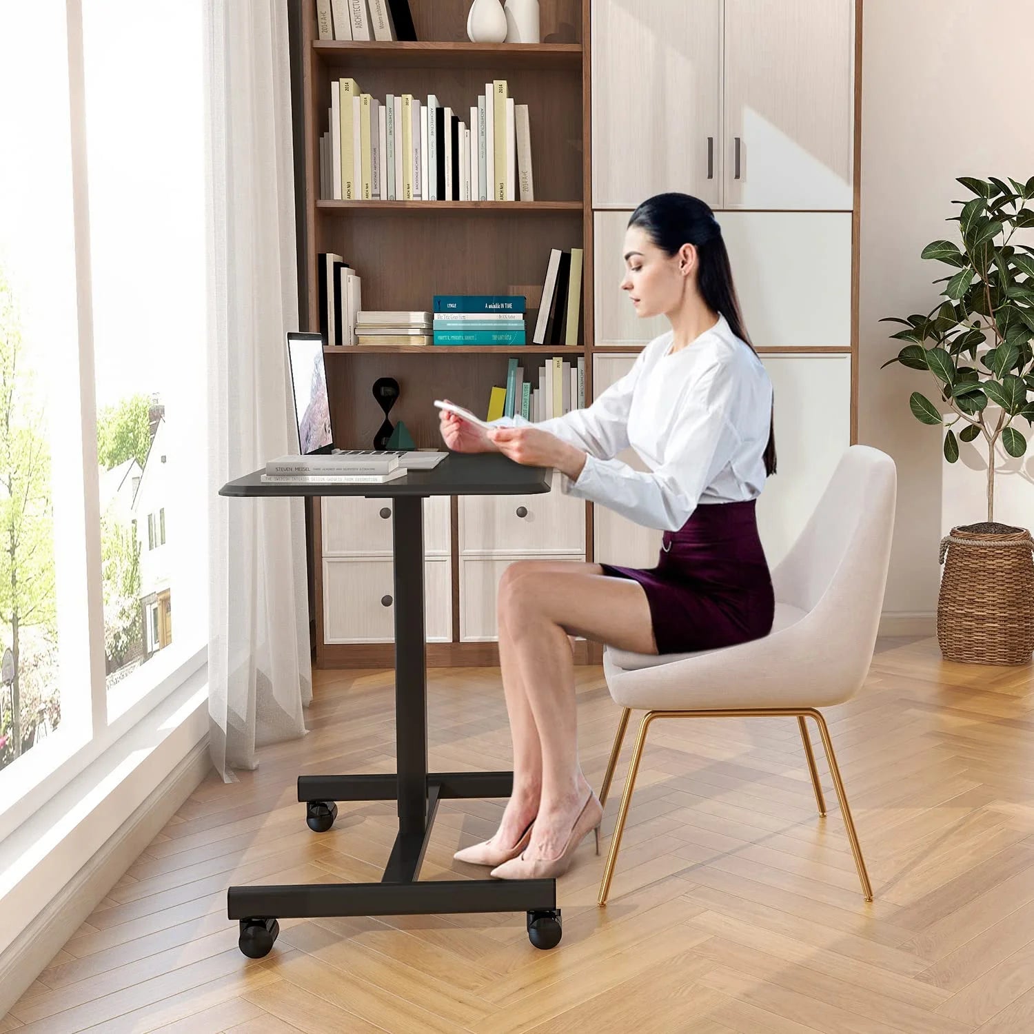 Black Height Adjustable Standing Desk with Lockable Wheels W7178
