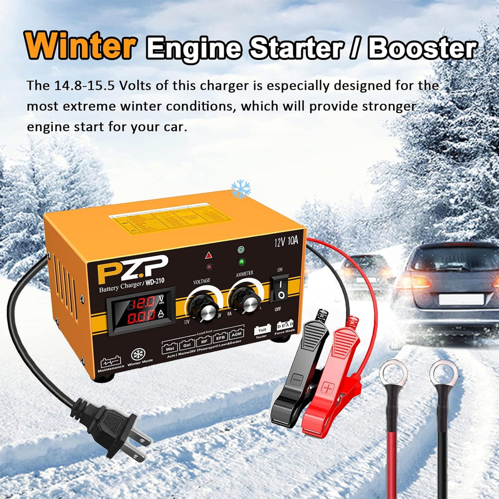 12V 0-10A Automatic Battery Charger and Maintainer with SAE Adapters, Battery Clamps and O-Ring Connectors Q343808