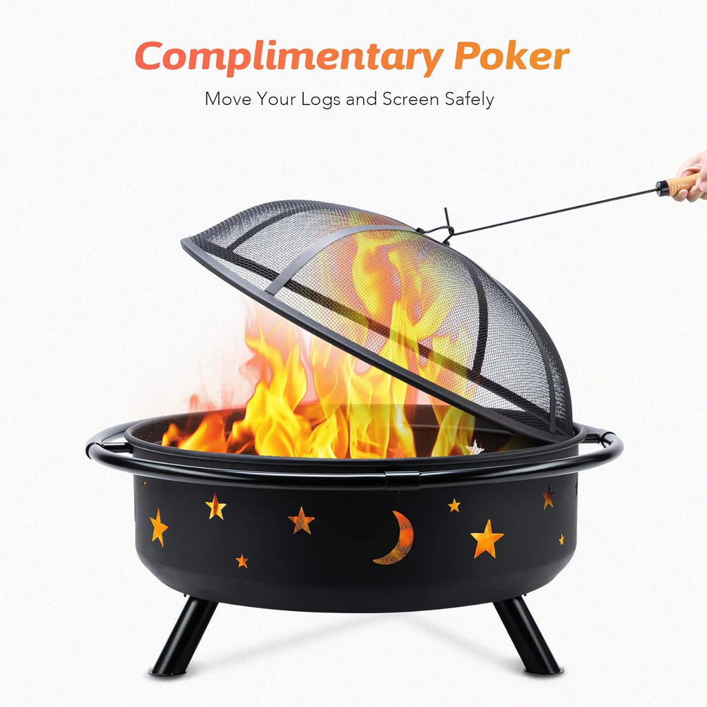 36 Inch Wood Burning Fire Pit with Spark Screen Poker Waterproof Cover Q2333