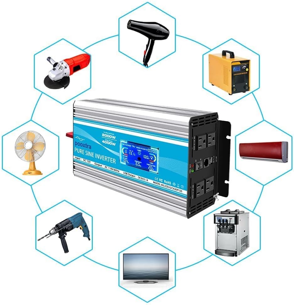 2000 Watt Pure Sine Wave Power Inverter 12V DC to 110V AC with LCD Display USB Port 4 AC Outlets E5884