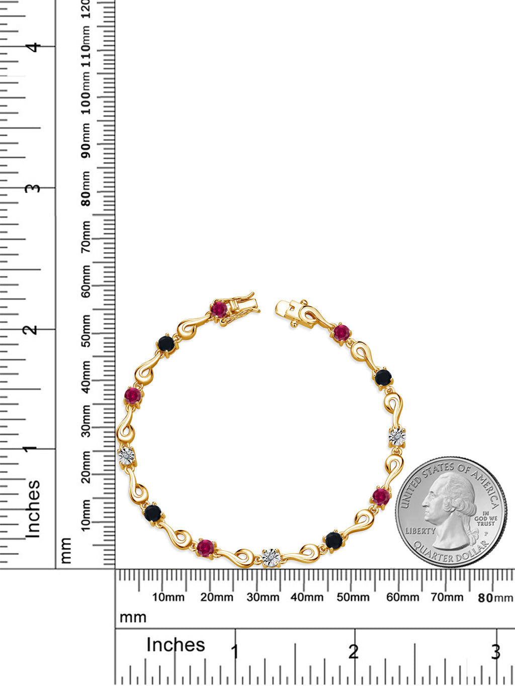 18K Yellow Gold Plated Silver Red Created Ruby Black Onyx White Lab Grown Diamond Bracelet I711