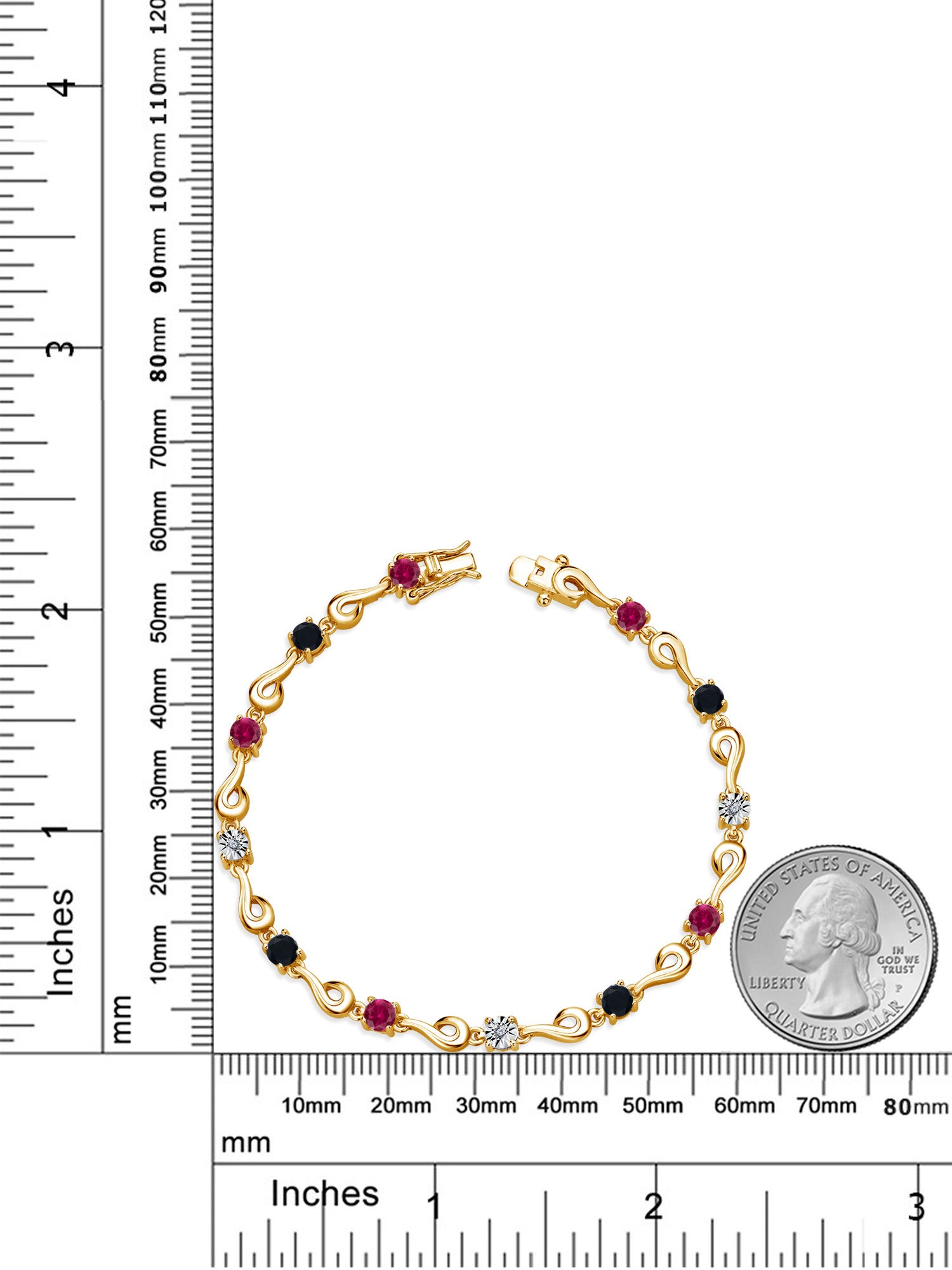 18K Yellow Gold Plated Silver Red Created Ruby Black Onyx White Lab Grown Diamond Bracelet I711
