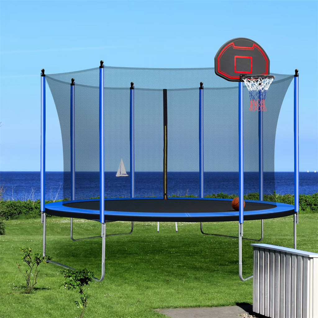 10FT Trampoline with Basketball Hoop Inflator and Ladder, Safety Enclosure Net, Blue E481102