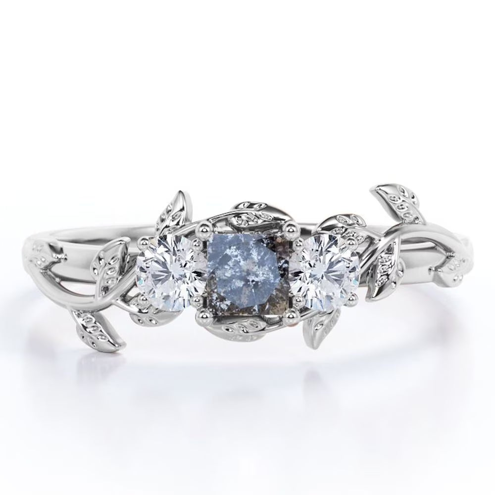 Three Stone Engagement Ring with Princess Cut Salt and Pepper Diamond and Moissanite F981468
