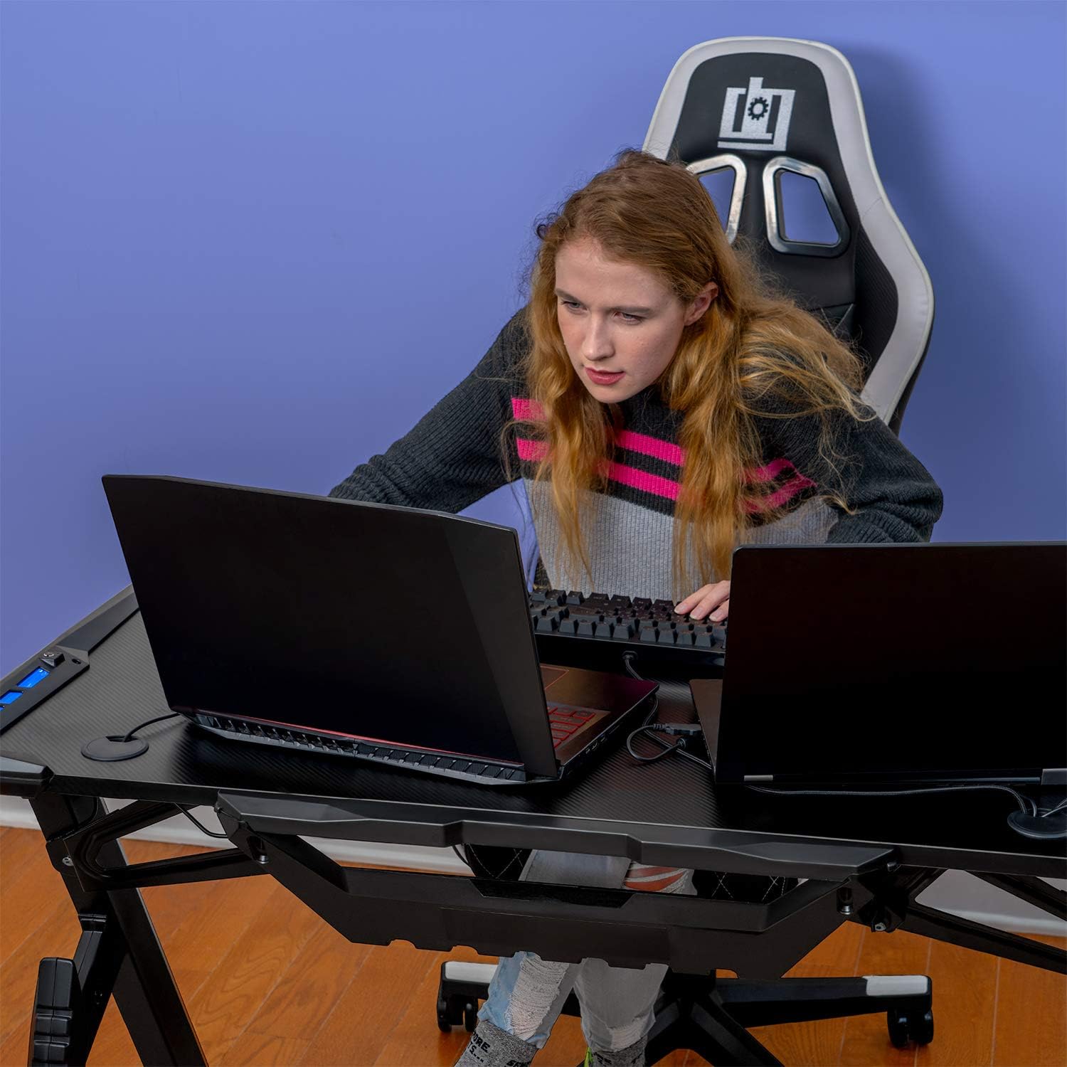 Ultrawide Curved LED Computer Desk, Waterproof Carbon-Fiber Surface, 6-Color RGB Lighting Accents, Cup Holder, 31.5 Mouse Pad E263