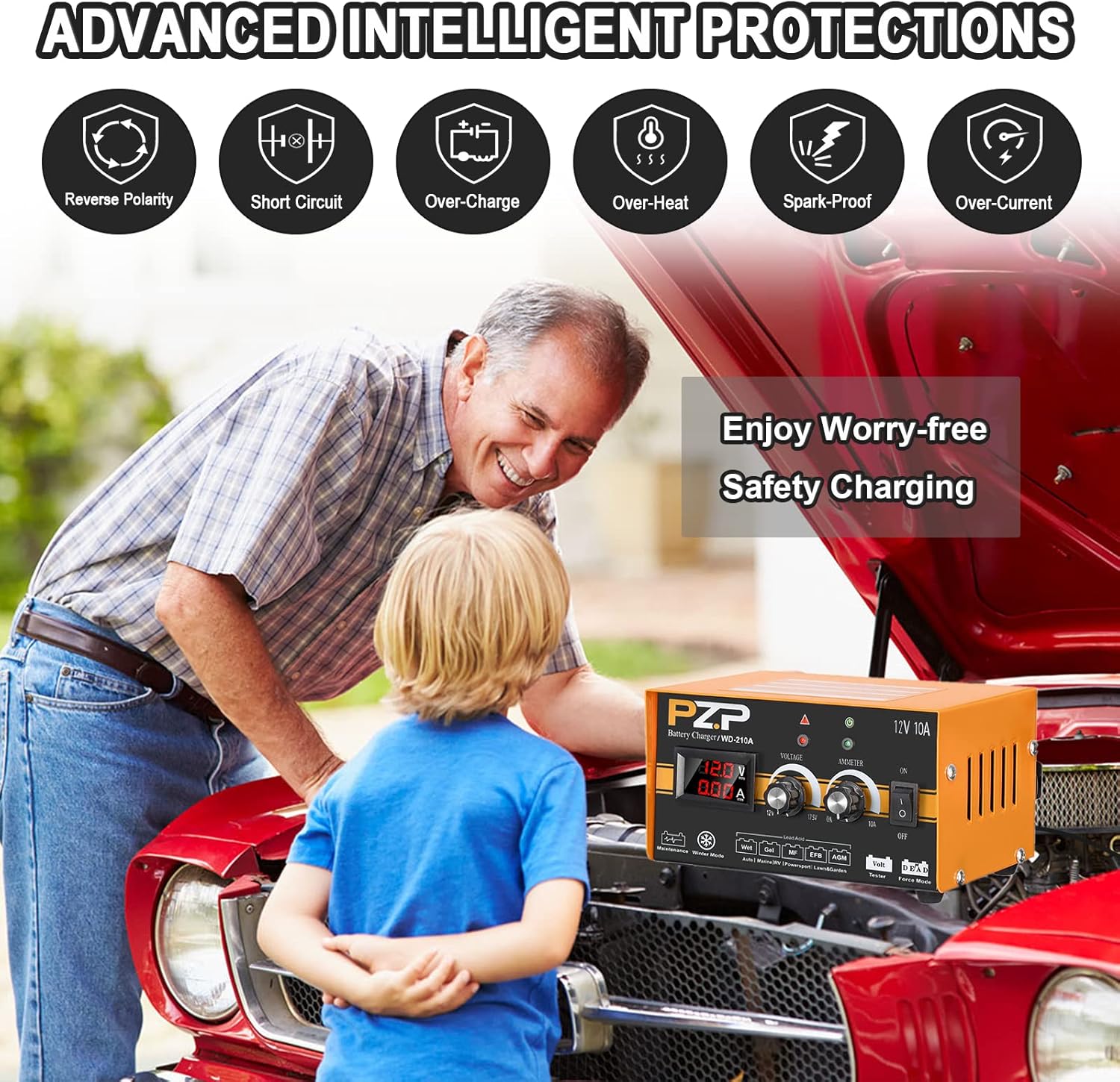 12V 0-10A Automatic Battery Charger and Maintainer with SAE Adapters, Battery Clamps and O-Ring Connectors Q343808