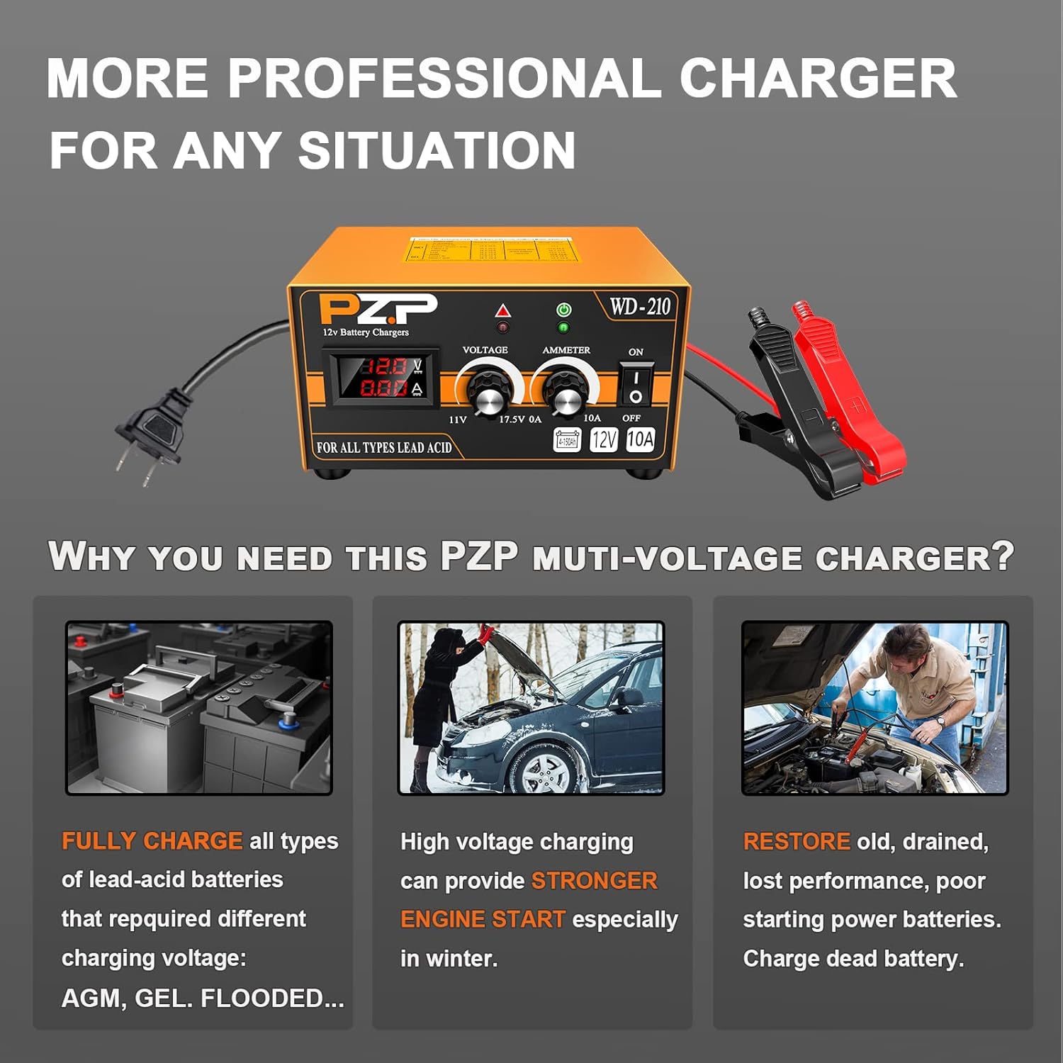 12V 0-10A Automatic Battery Charger and Maintainer with SAE Adapters, Battery Clamps and O-Ring Connectors Q343808