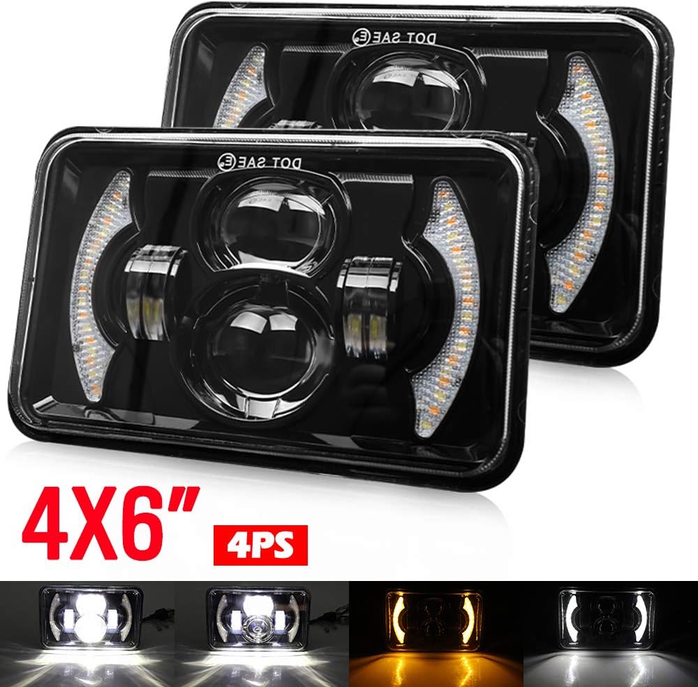 2pcs 4x6 Inch LED Headlights Sealed Beam 80W Amber Halo Rectangular O194