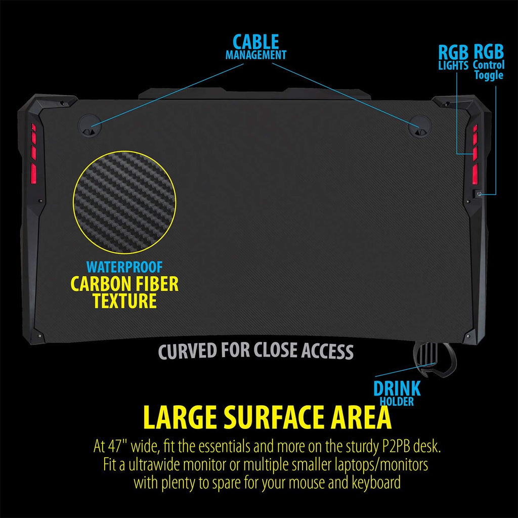 Ultrawide Curved LED Computer Desk, Waterproof Carbon-Fiber Surface, 6-Color RGB Lighting Accents, Cup Holder, 31.5 Mouse Pad E263
