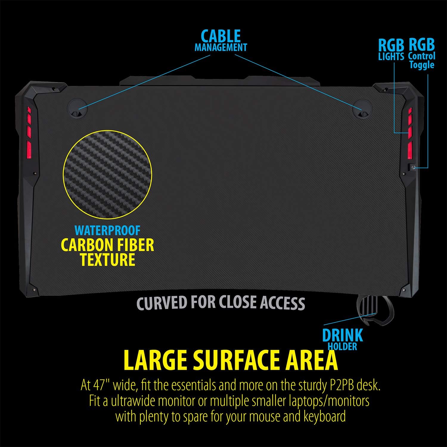Ultrawide Curved LED Computer Desk, Waterproof Carbon-Fiber Surface, 6-Color RGB Lighting Accents, Cup Holder, 31.5 Mouse Pad E263