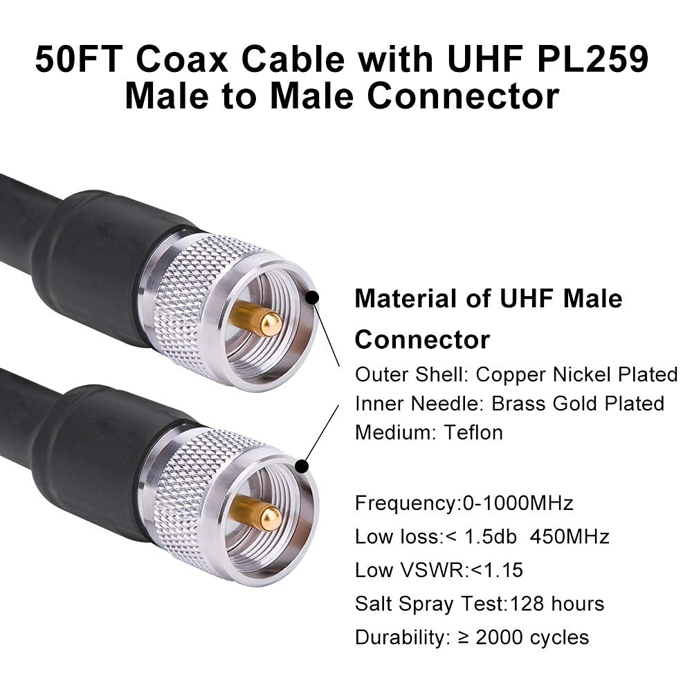 PL259 CB Coax Cable 50ft, RG8 UHF Male 50 Ohm Jumper Cable V736730